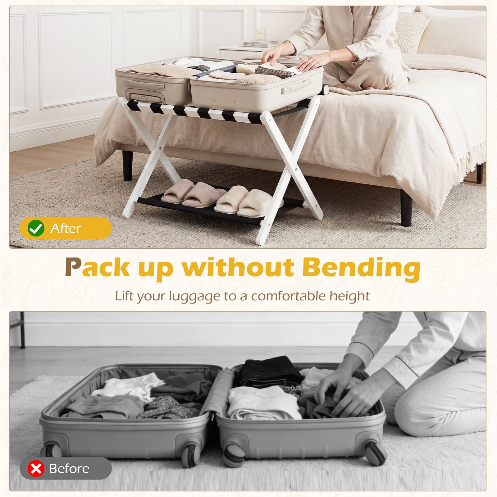 Rubberwood Folding Luggage Rack, Nylon Shelves, Set of 2, Black, White Shoe Racks & Storage Benches at Gallery Canada