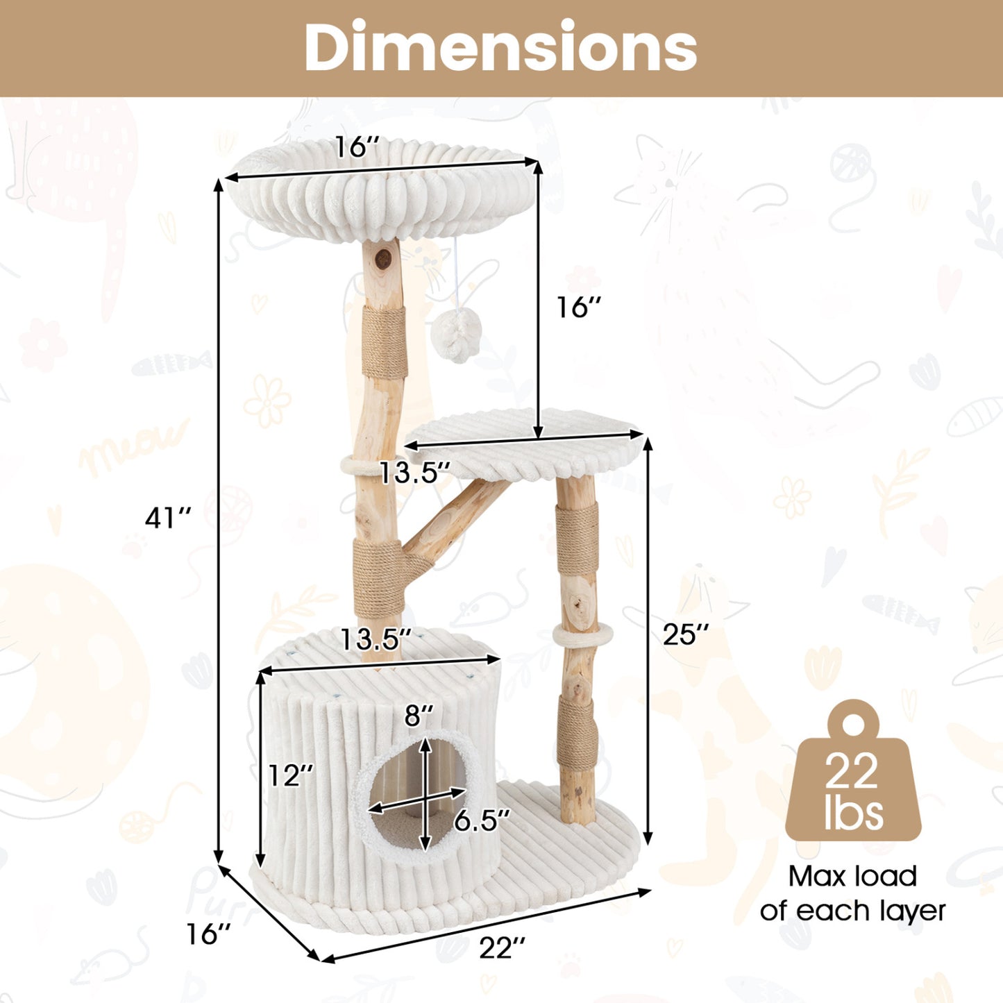 Arbre à chat en bois massif 41", beige