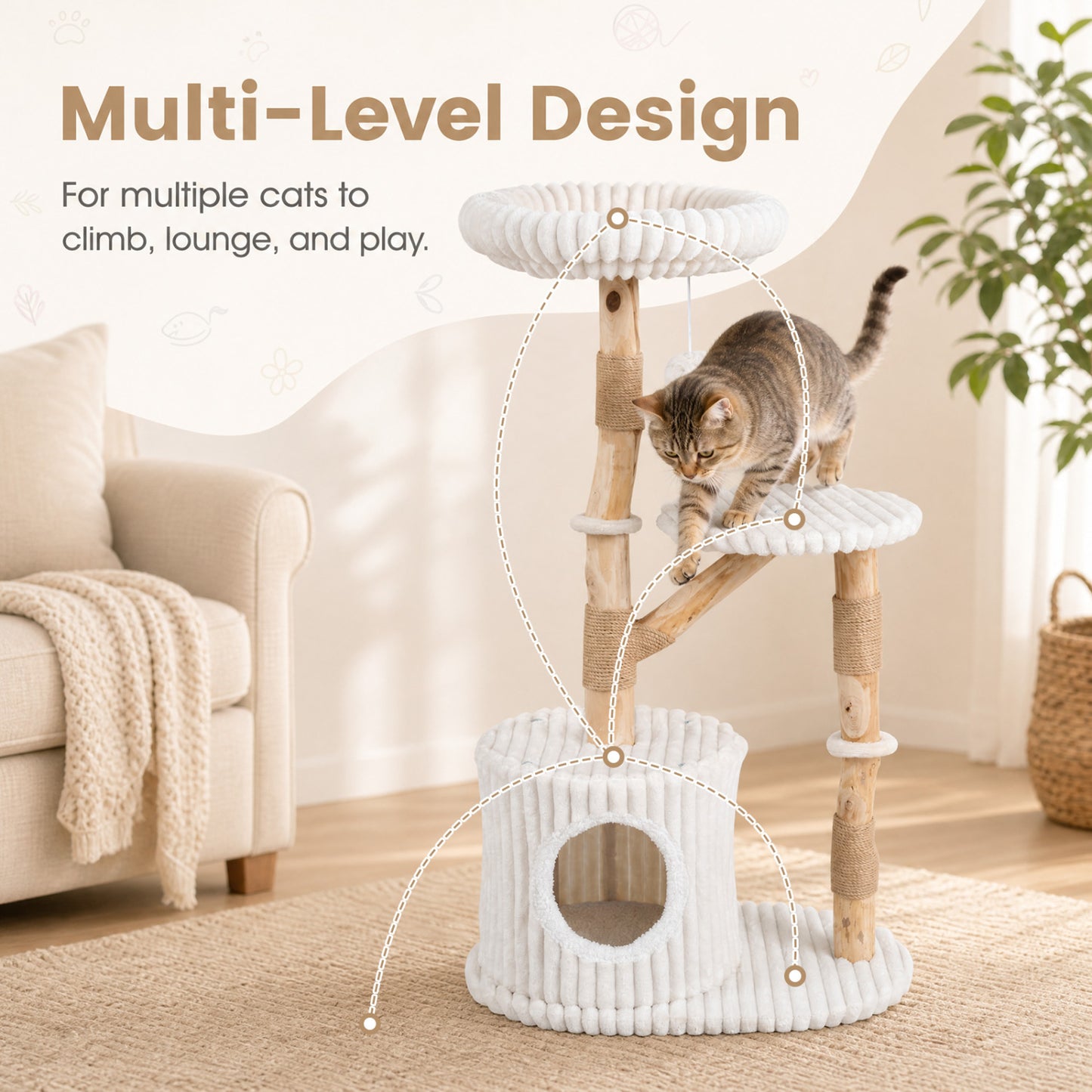 Arbre à chat en bois massif 41", beige