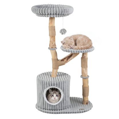 Solid Wood Cat Tree 41 Inch with Scratching Posts, Gray