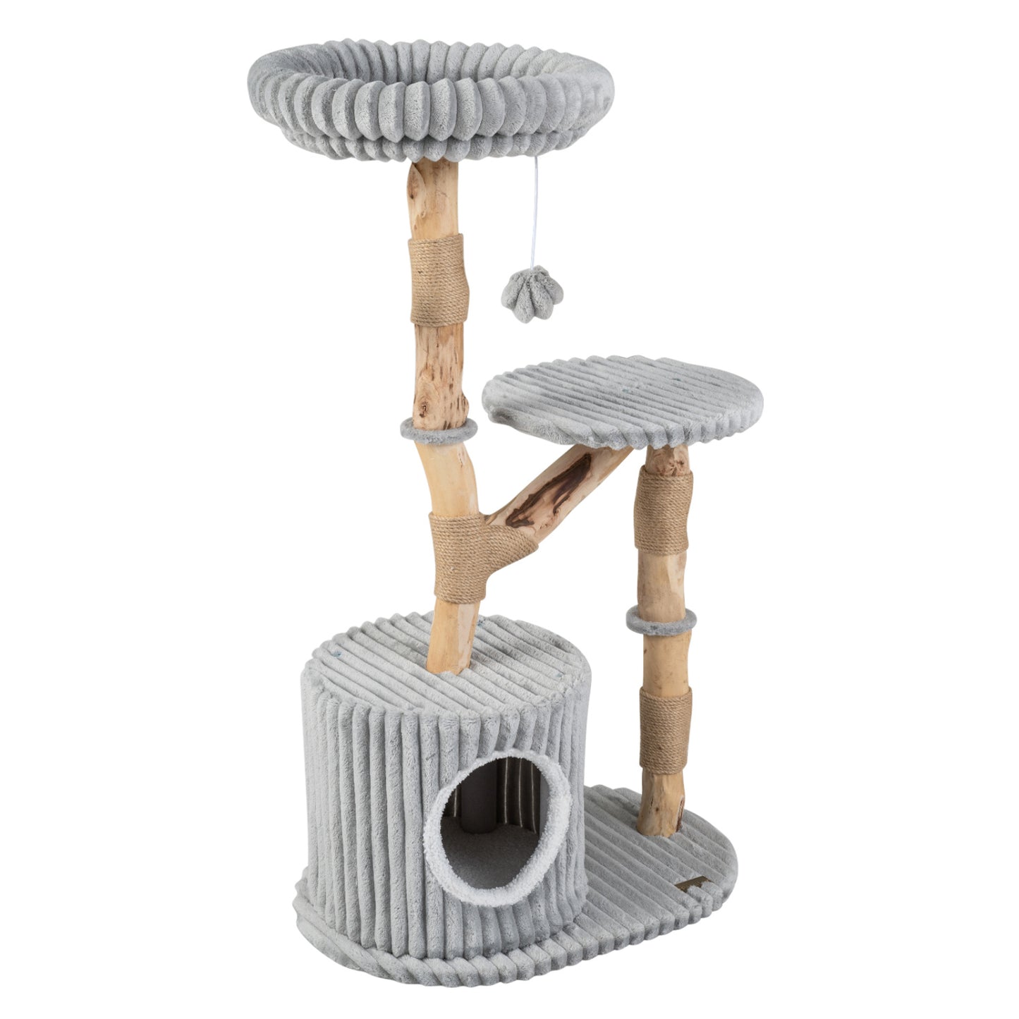 Solid Wood Cat Tree 41 Inch with Scratching Posts, Gray