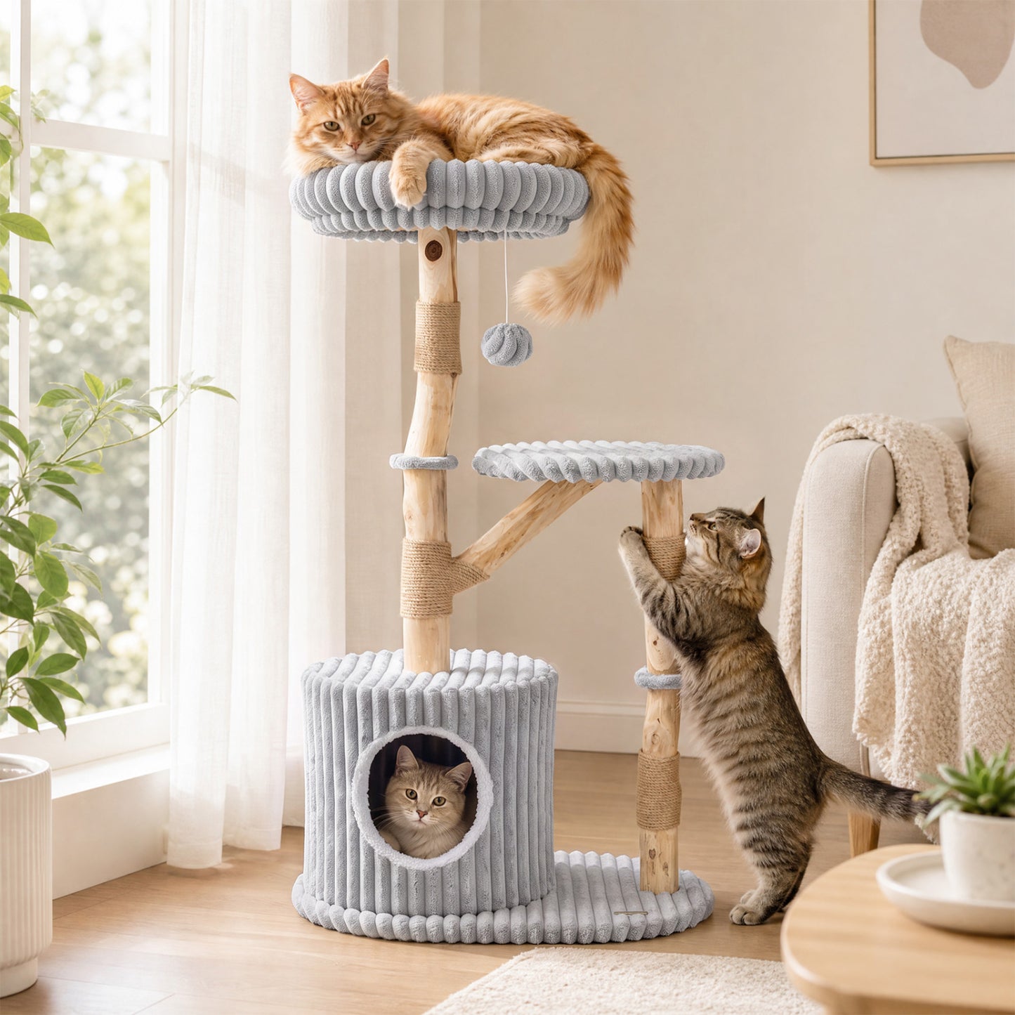 Solid Wood Cat Tree 41 Inch with Scratching Posts, Gray