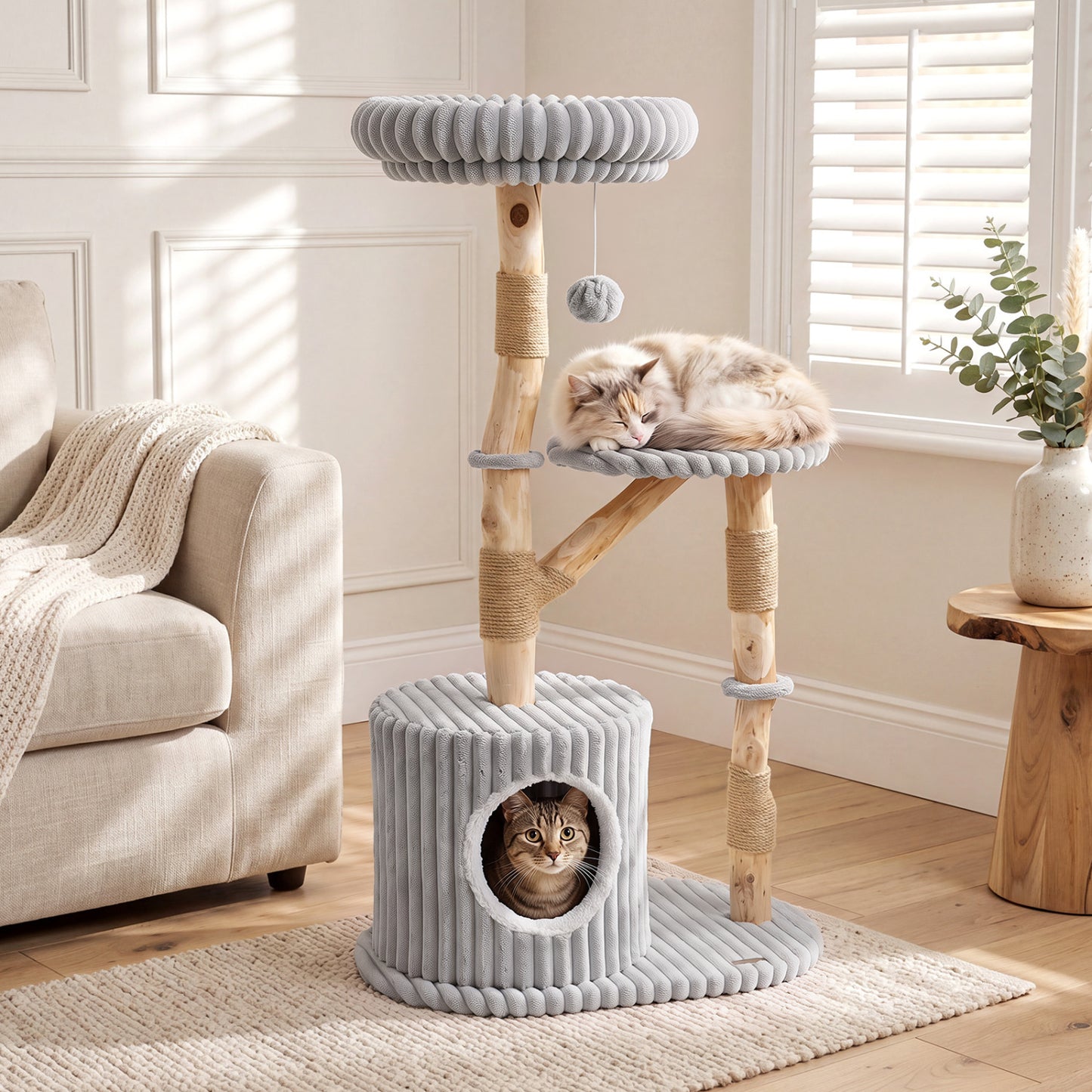 Solid Wood Cat Tree 41 Inch with Scratching Posts, Gray
