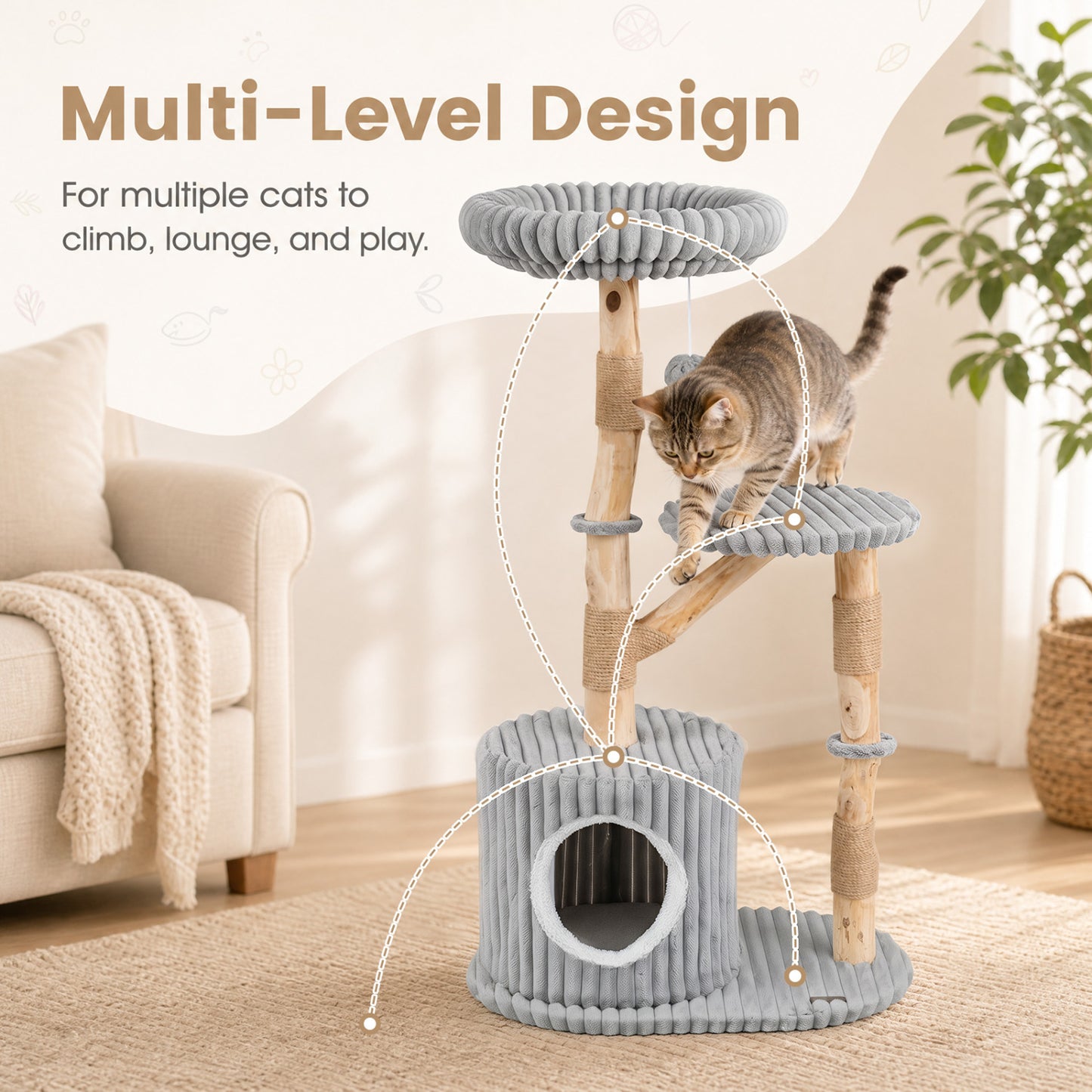 Solid Wood Cat Tree 41 Inch with Scratching Posts, Gray