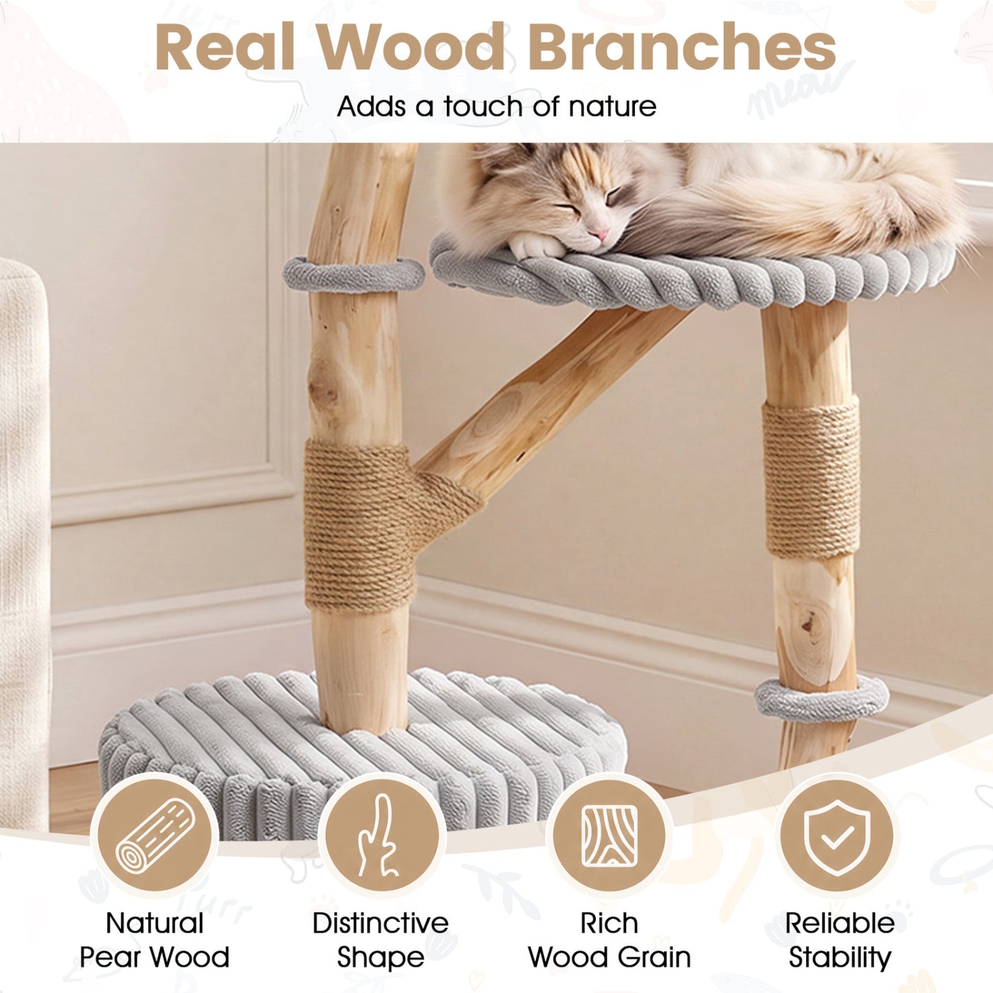 Solid Wood Cat Tree 41 Inch with Scratching Posts, Gray