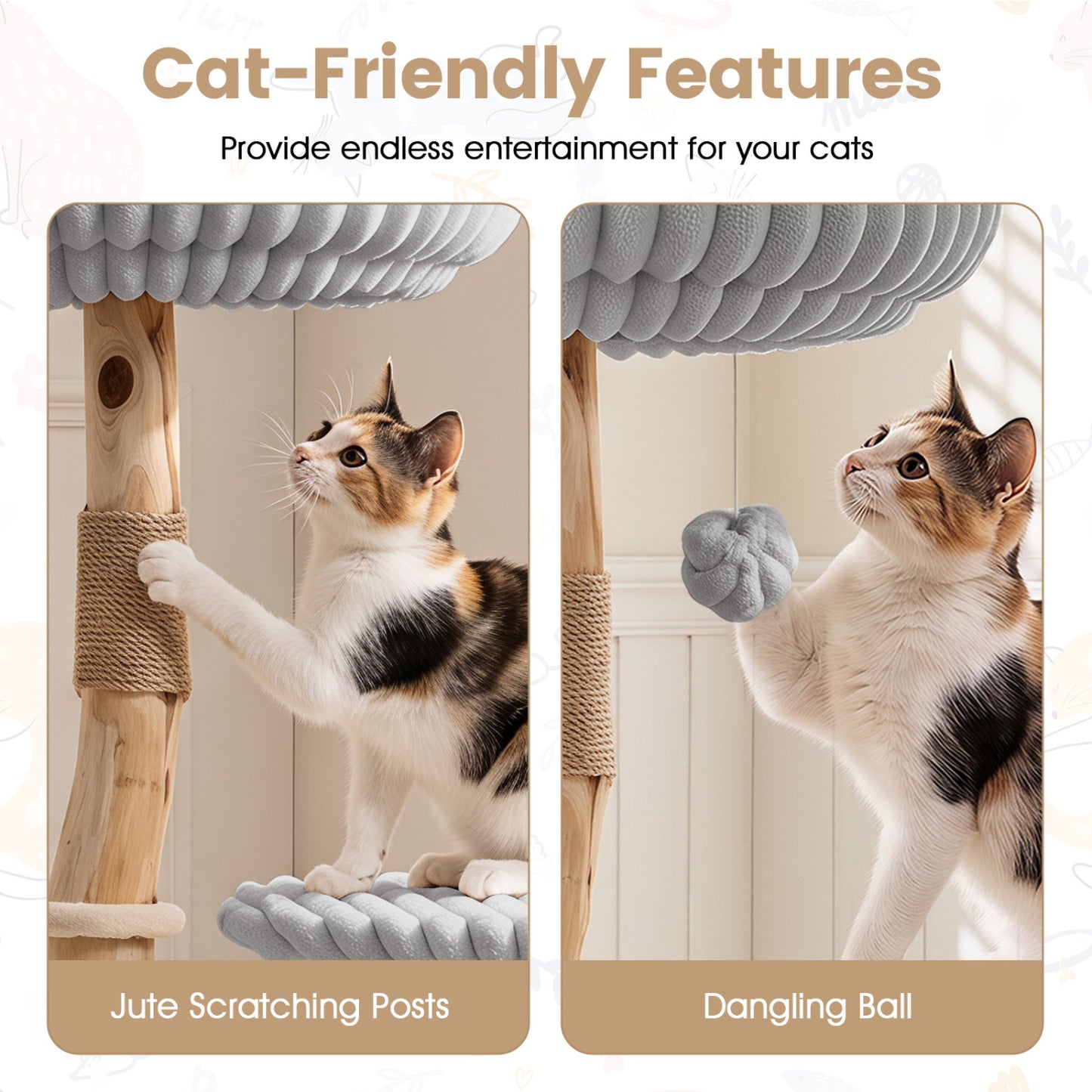 Solid Wood Cat Tree 41 Inch with Scratching Posts, Gray
