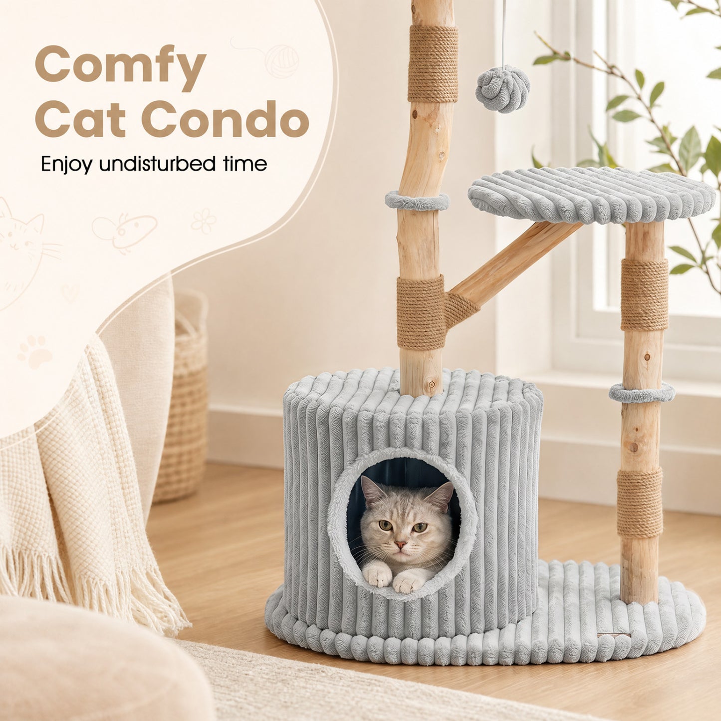 Solid Wood Cat Tree 41 Inch with Scratching Posts, Gray