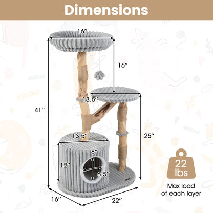 Solid Wood Cat Tree 41 Inch with Scratching Posts, Gray