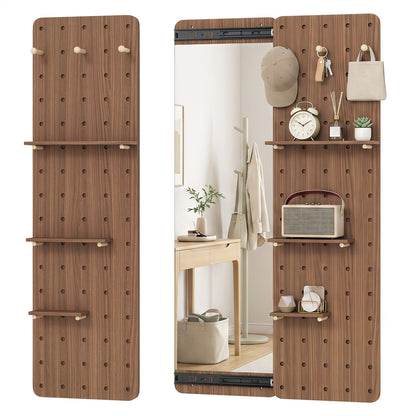 Solid Wood Full Length Mirror with Shelves & Hooks, Brown
