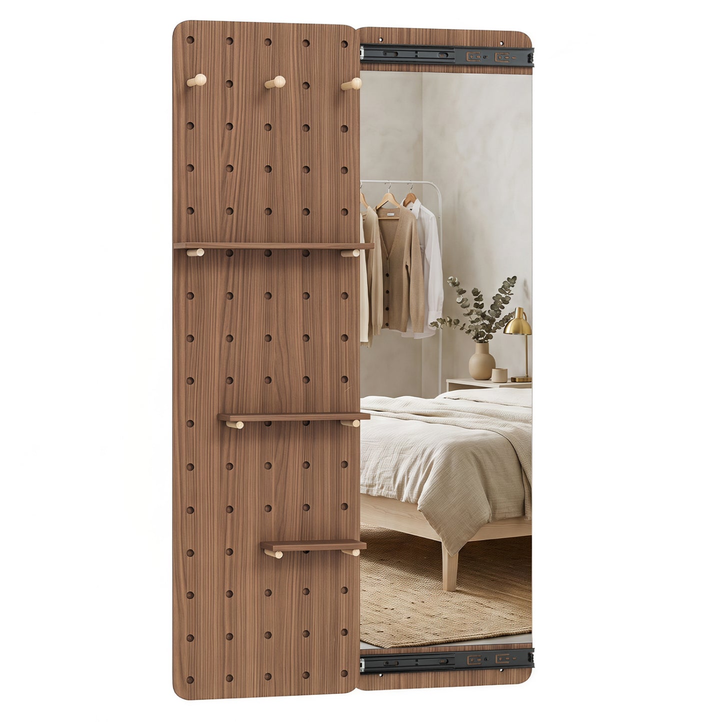 Solid Wood Full Length Mirror with Shelves & Hooks, Brown