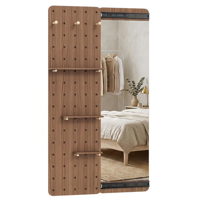 Solid Wood Full Length Mirror with Shelves & Hooks, Brown