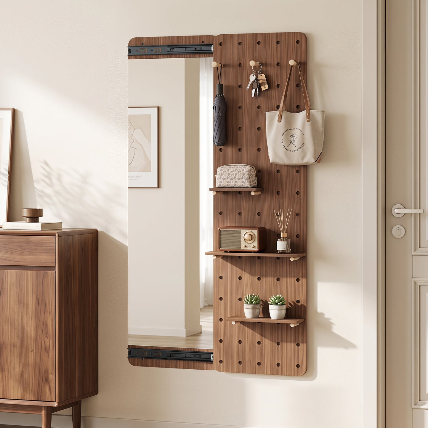 Solid Wood Full Length Mirror with Shelves & Hooks, Brown