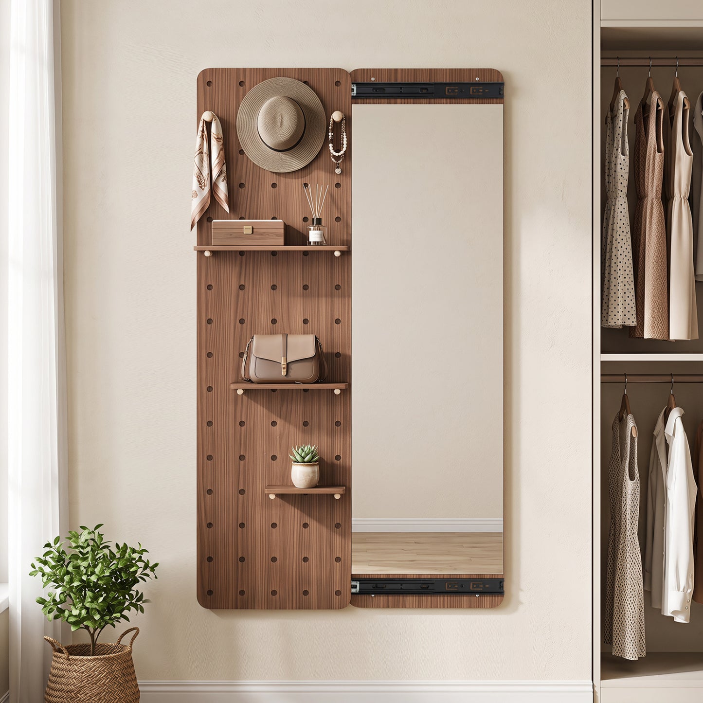 Solid Wood Full Length Mirror with Shelves & Hooks, Brown