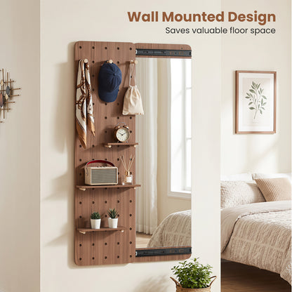 Solid Wood Full Length Mirror with Shelves & Hooks, Brown