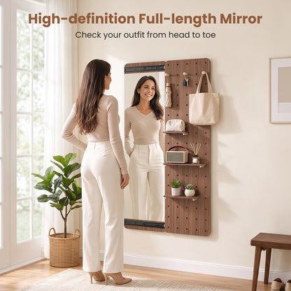Solid Wood Full Length Mirror with Shelves & Hooks, Brown