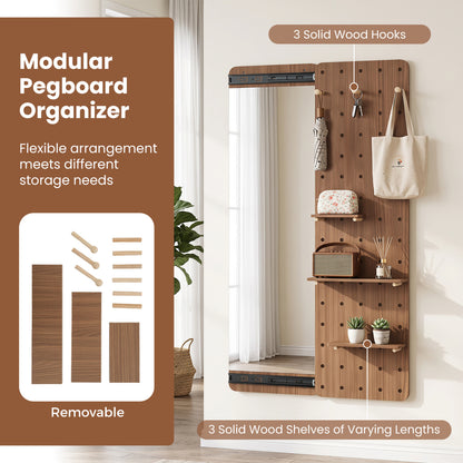 Solid Wood Full Length Mirror with Shelves & Hooks, Brown