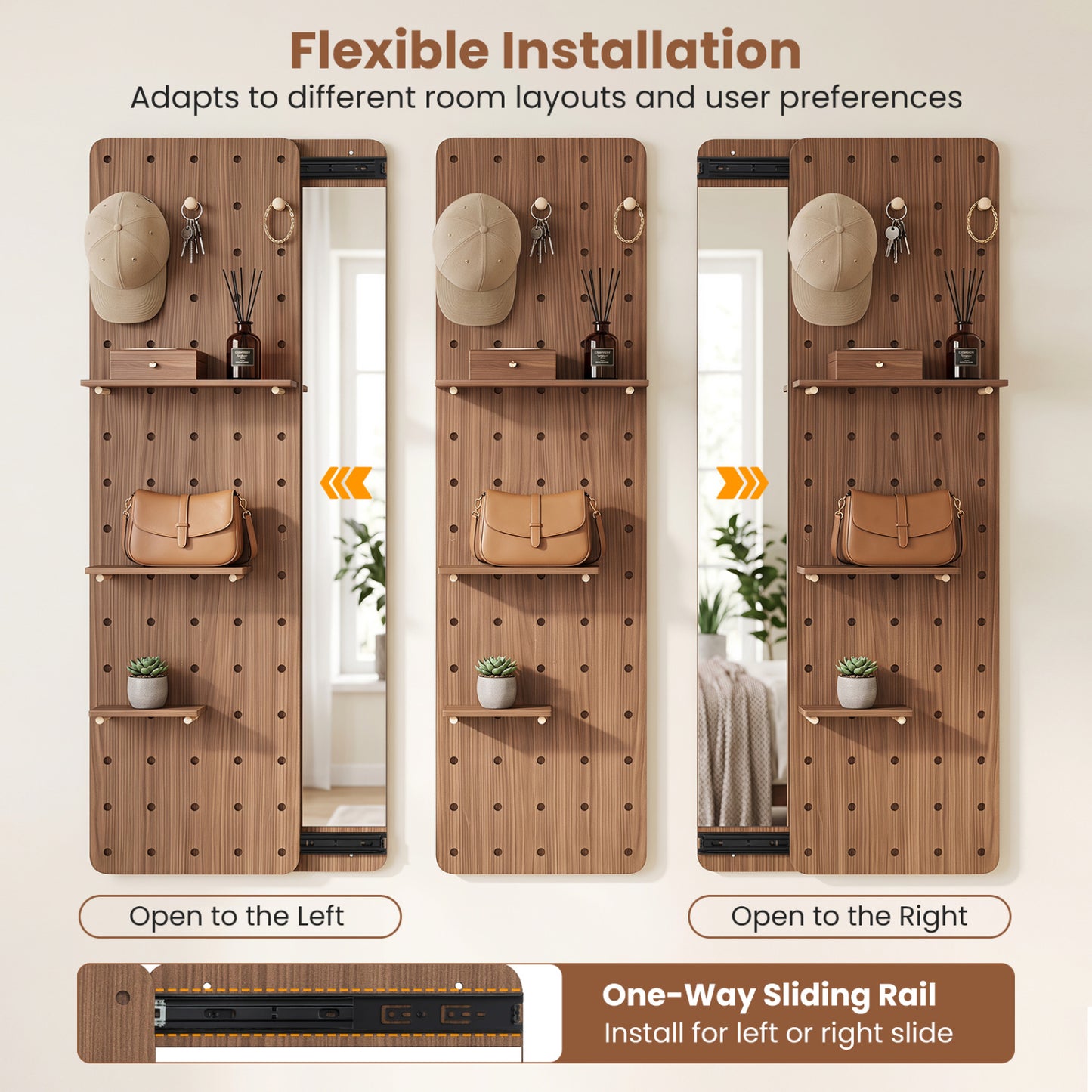 Solid Wood Full Length Mirror with Shelves & Hooks, Brown