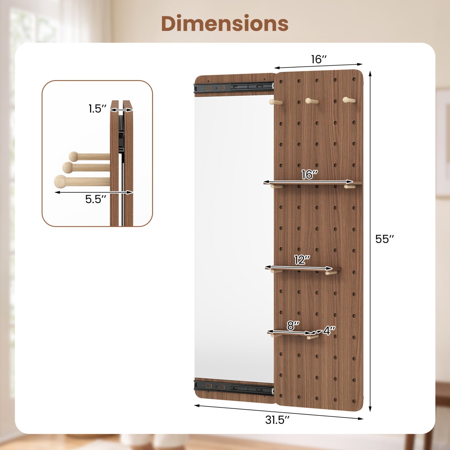 Solid Wood Full Length Mirror with Shelves & Hooks, Brown