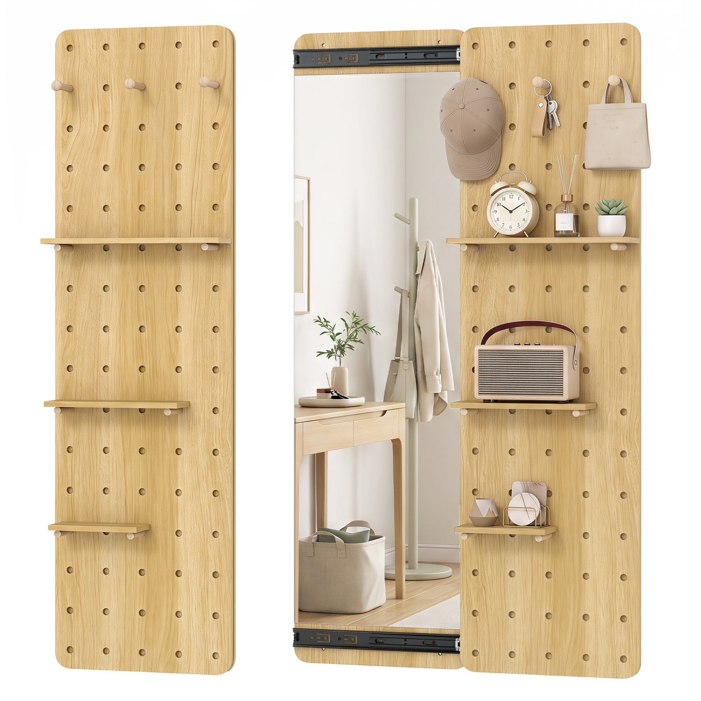 Solid Wood Full Length Mirror with Pegboard & Shelves, Natural
