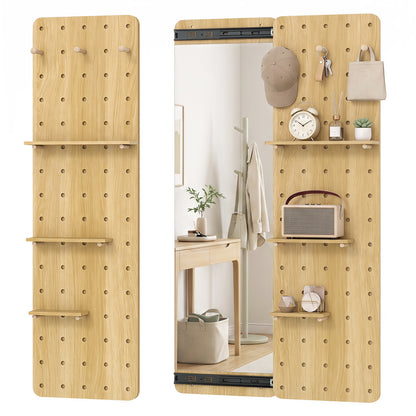 Solid Wood Full Length Mirror with Pegboard & Shelves, Natural