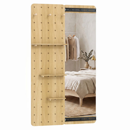Solid Wood Full Length Mirror with Pegboard & Shelves, Natural