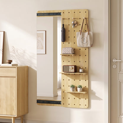 Solid Wood Full Length Mirror with Pegboard & Shelves, Natural