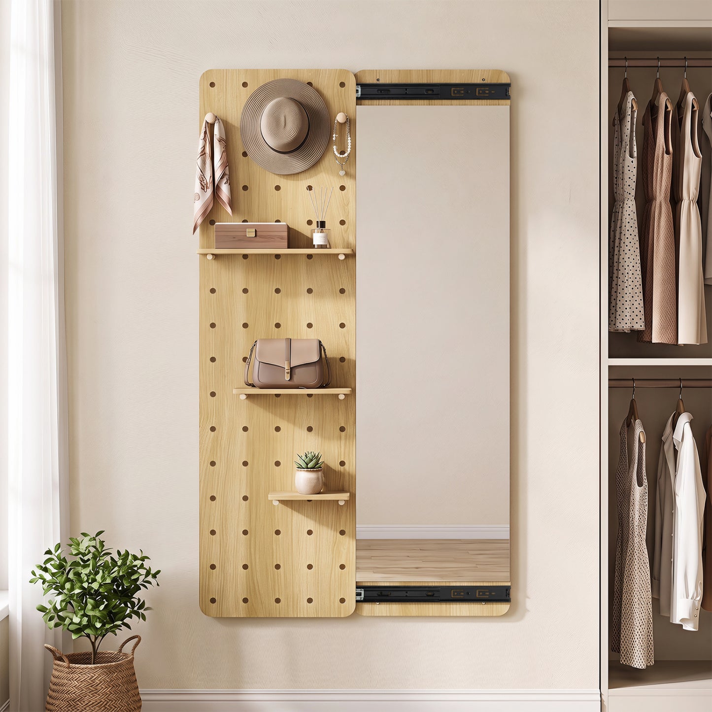 Solid Wood Full Length Mirror with Pegboard & Shelves, Natural