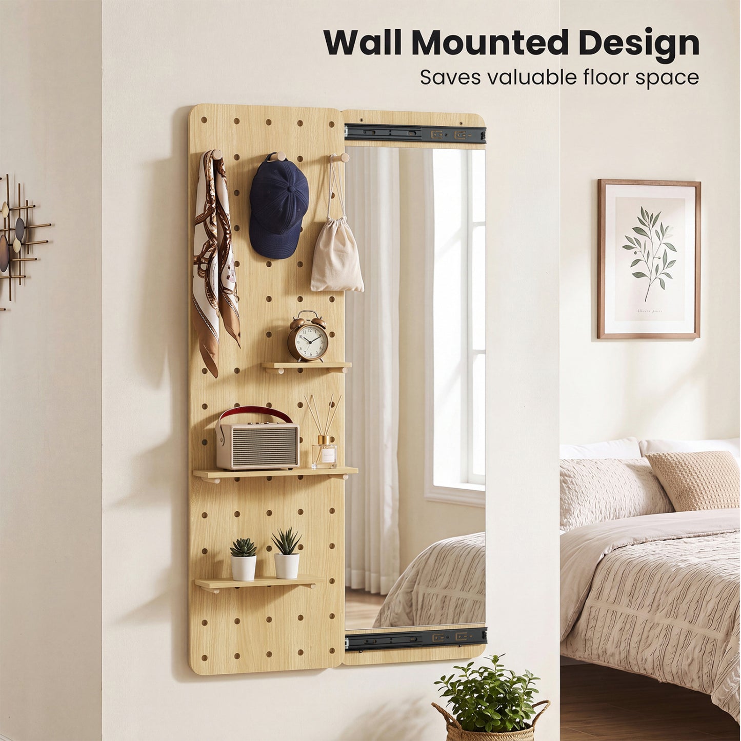 Solid Wood Full Length Mirror with Pegboard & Shelves, Natural