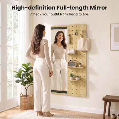 Solid Wood Full Length Mirror with Pegboard & Shelves, Natural