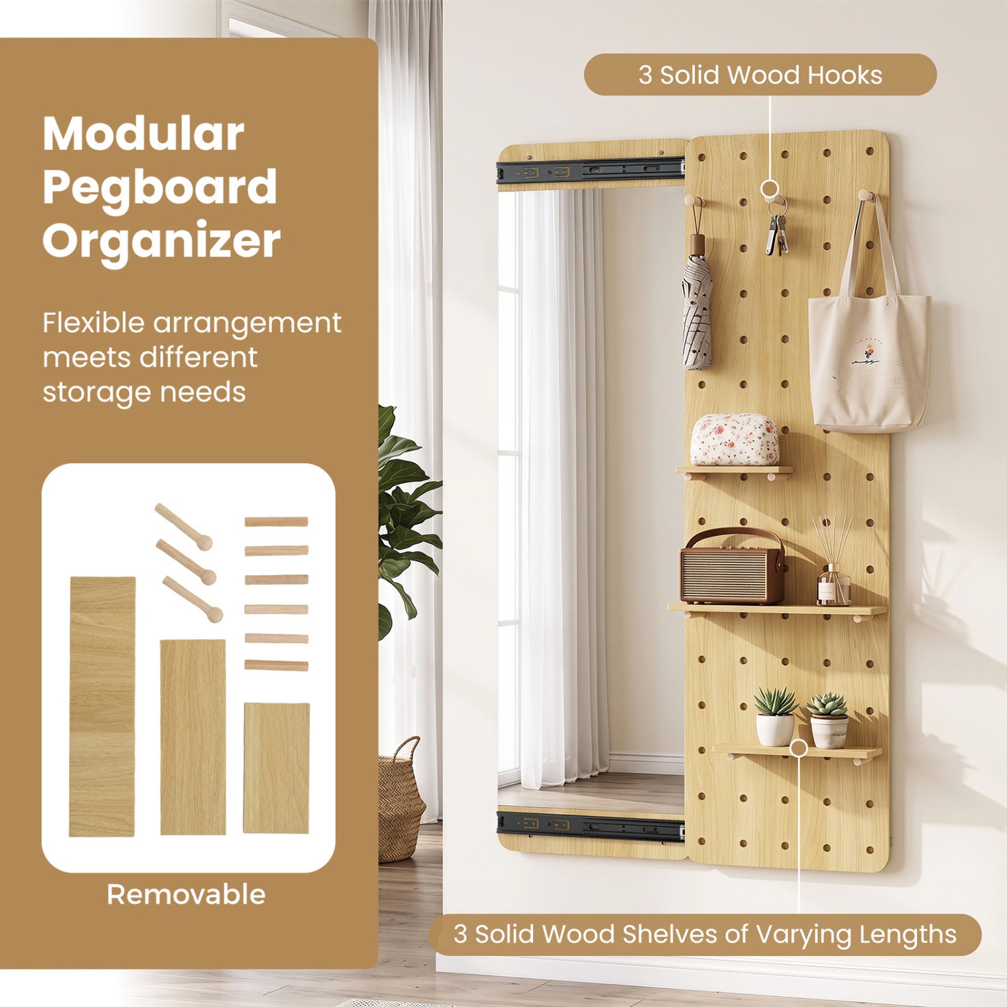 Solid Wood Full Length Mirror with Pegboard & Shelves, Natural