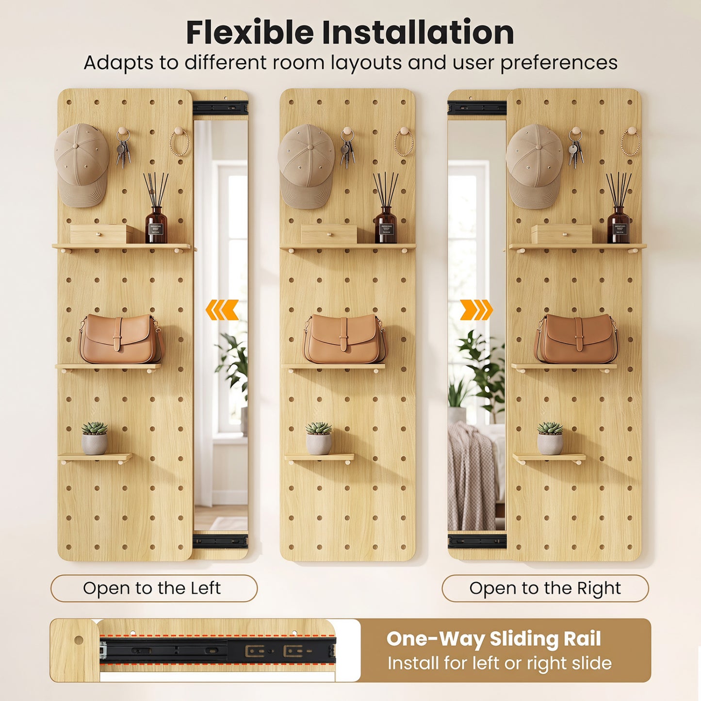 Solid Wood Full Length Mirror with Pegboard & Shelves, Natural