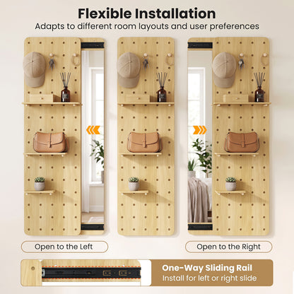 Solid Wood Full Length Mirror with Pegboard & Shelves, Natural