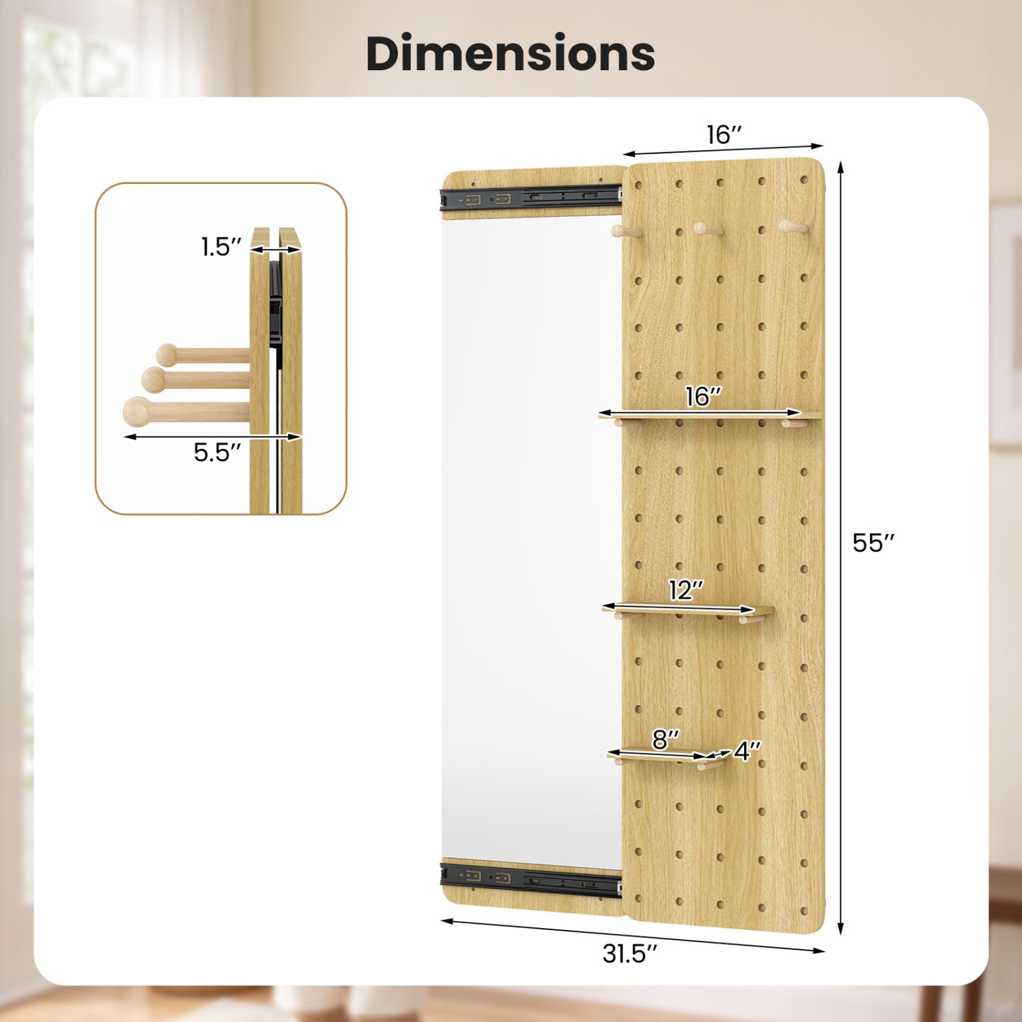 Solid Wood Full Length Mirror with Pegboard & Shelves, Natural