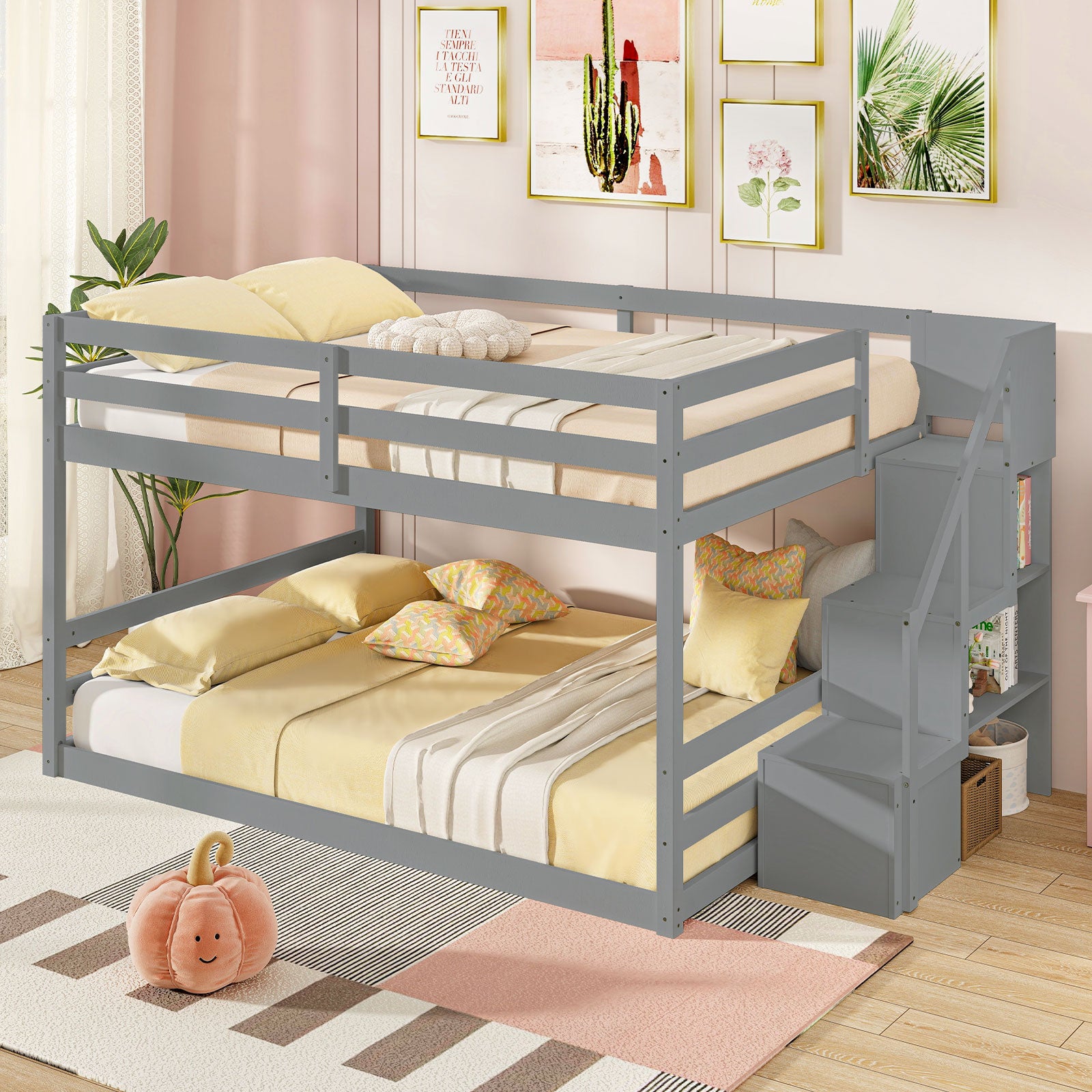 Solid Wood Full Over Full Low Bunk Bed, Storage Stairs, Gray Bunk Bed Frame at Gallery Canada