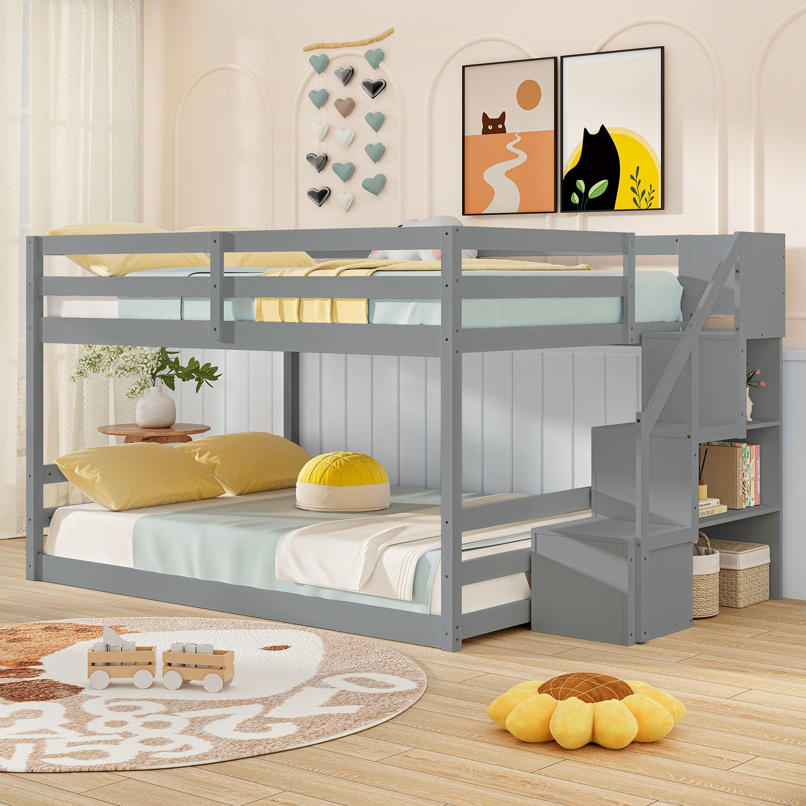 Solid Wood Full Over Full Low Bunk Bed, Storage Stairs, Gray Bunk Bed Frame at Gallery Canada