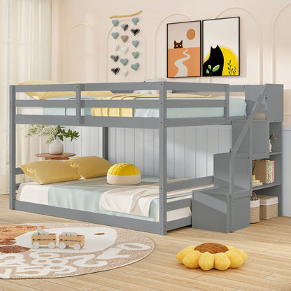 Solid Wood Full Over Full Low Bunk Bed, Storage Stairs, Gray Bunk Bed Frame at Gallery Canada