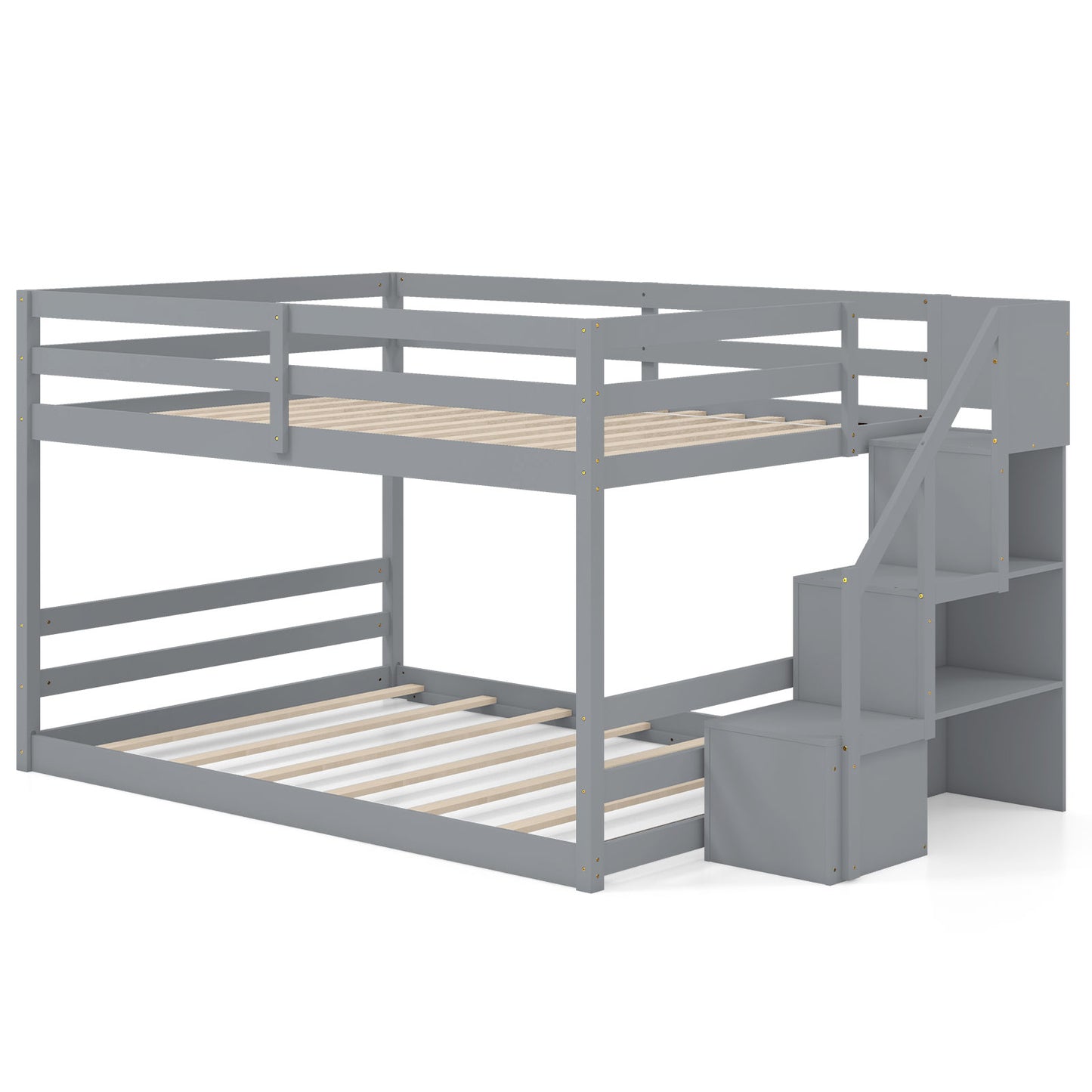 Solid Wood Full Over Full Low Bunk Bed, Storage Stairs, Gray Bunk Bed Frame at Gallery Canada