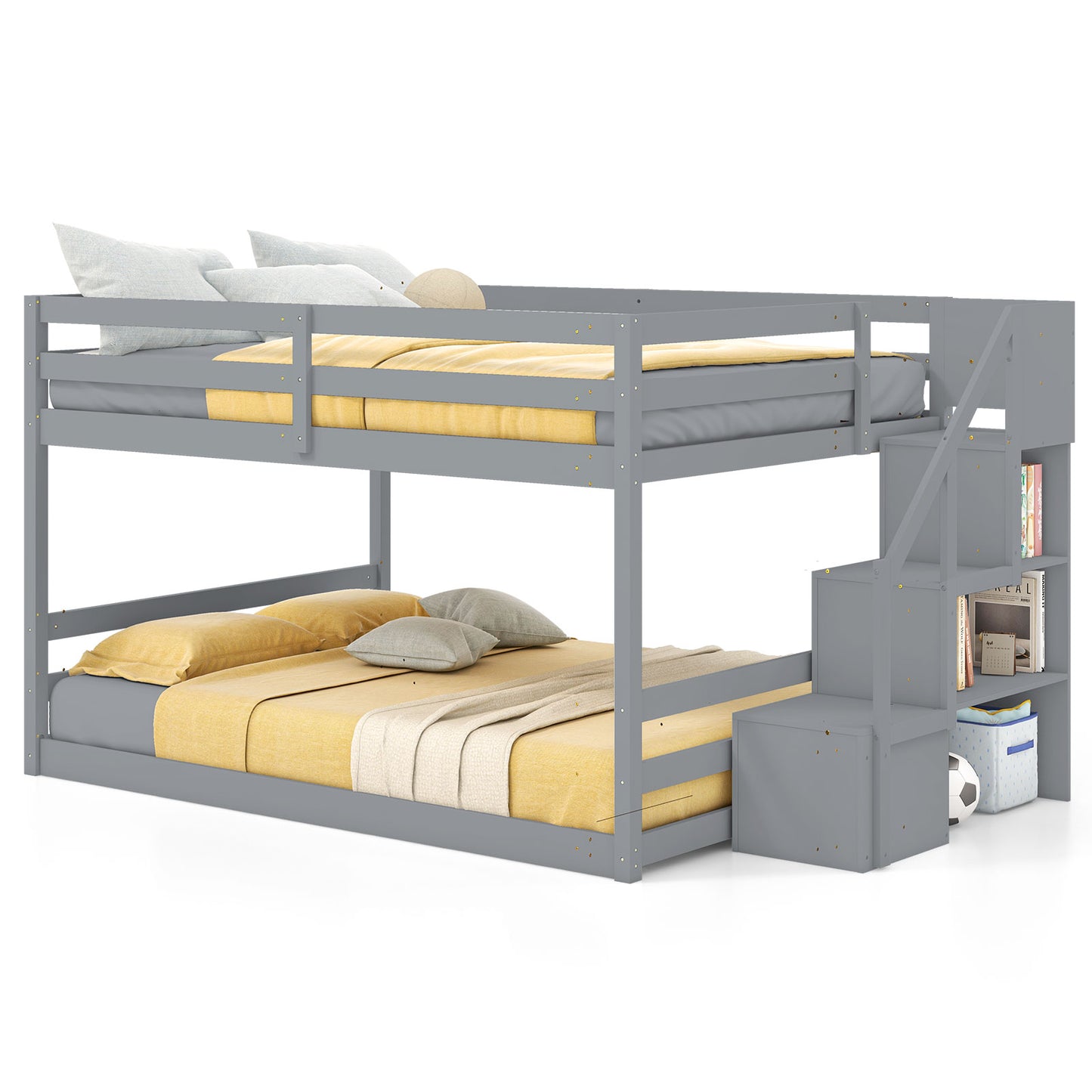 Solid Wood Full Over Full Low Bunk Bed, Storage Stairs, Gray Bunk Bed Frame at Gallery Canada