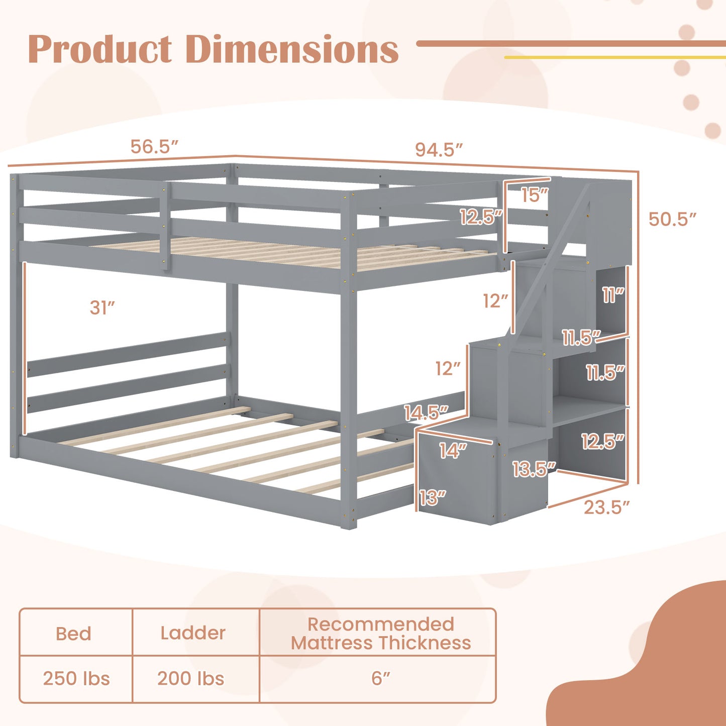 Solid Wood Full Over Full Low Bunk Bed, Storage Stairs, Gray Bunk Bed Frame at Gallery Canada