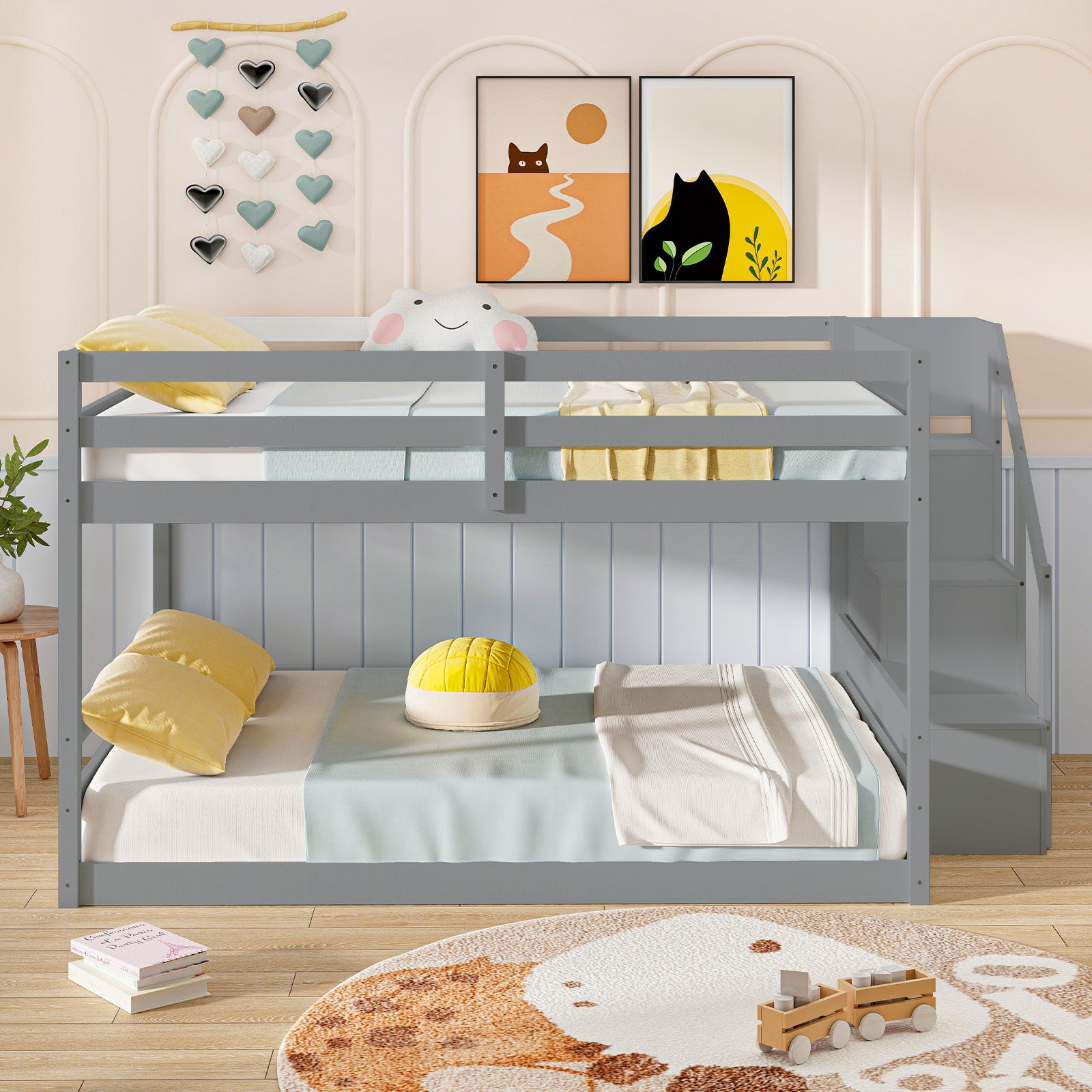 Solid Wood Full Over Full Low Bunk Bed, Storage Stairs, Gray Bunk Bed Frame at Gallery Canada