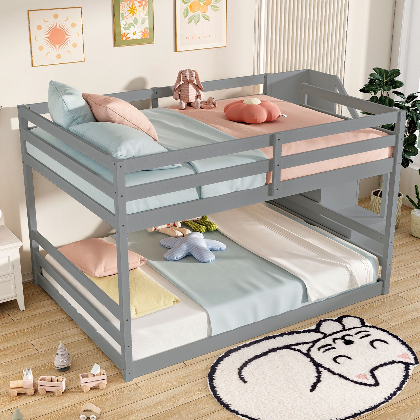Solid Wood Full Over Full Low Bunk Bed, Storage Stairs, Gray Bunk Bed Frame at Gallery Canada