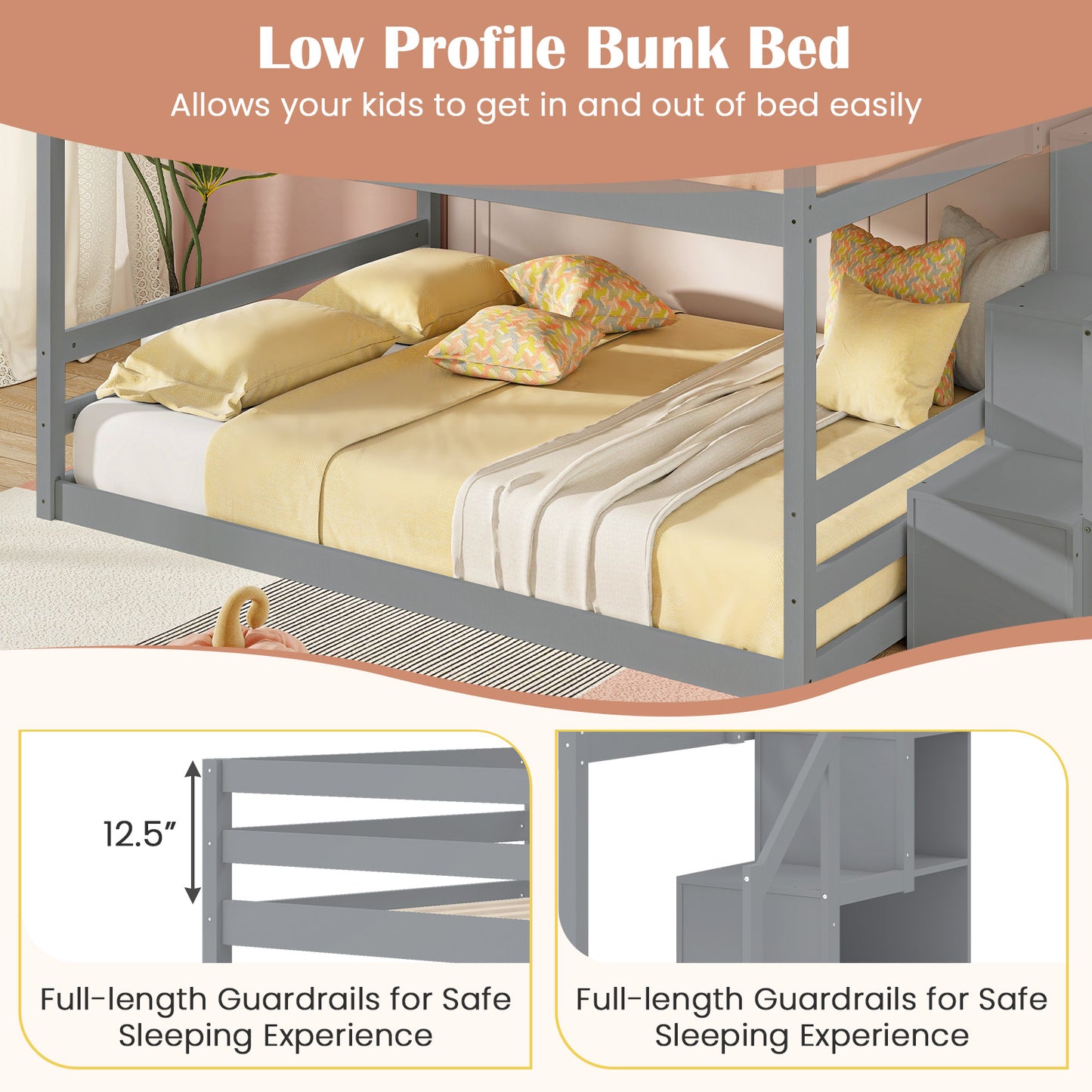 Solid Wood Full Over Full Low Bunk Bed, Storage Stairs, Gray Bunk Bed Frame at Gallery Canada