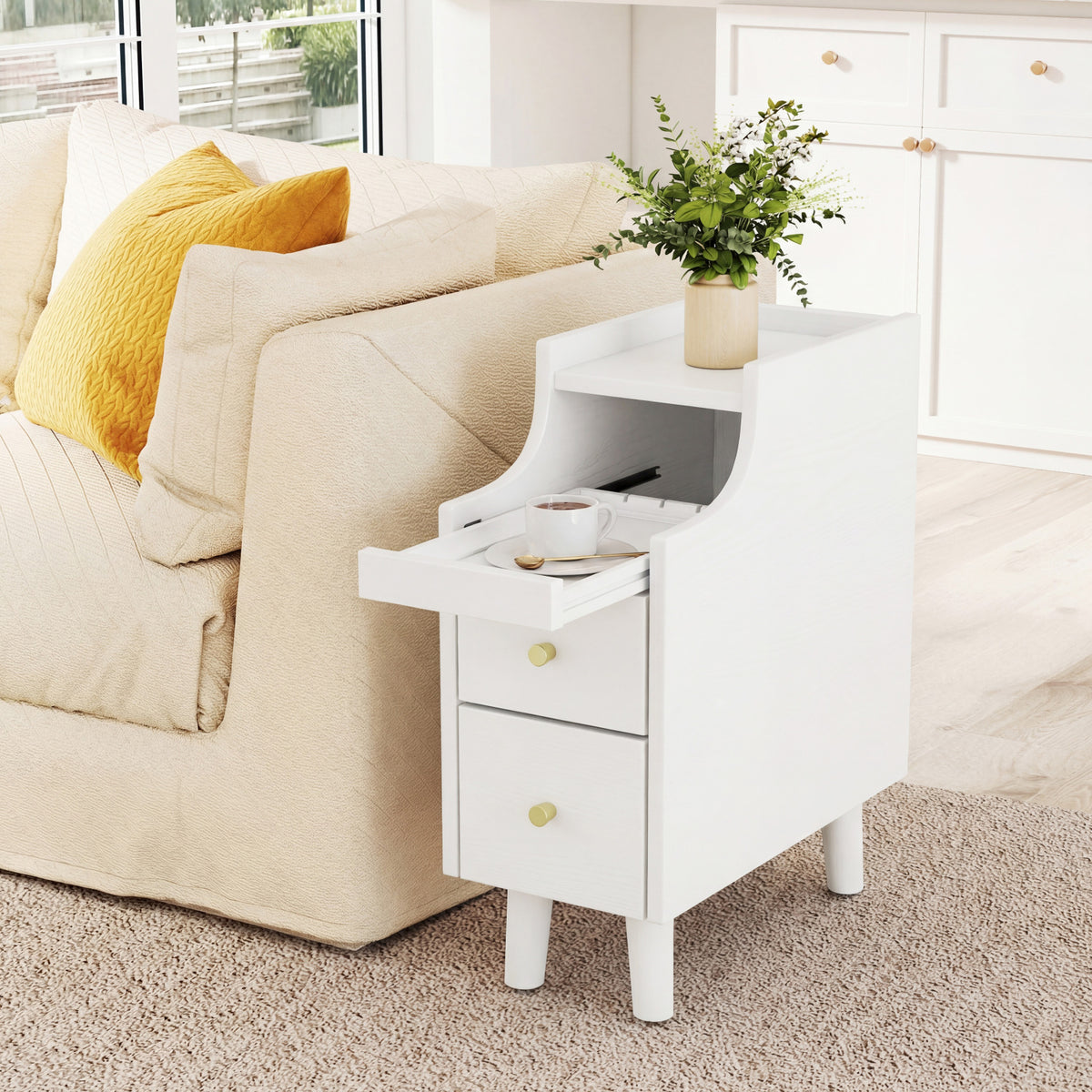 Solid Wood Narrow Nightstand with Pull-Out Tray & 2 Drawers, White Nightstands at Gallery Canada