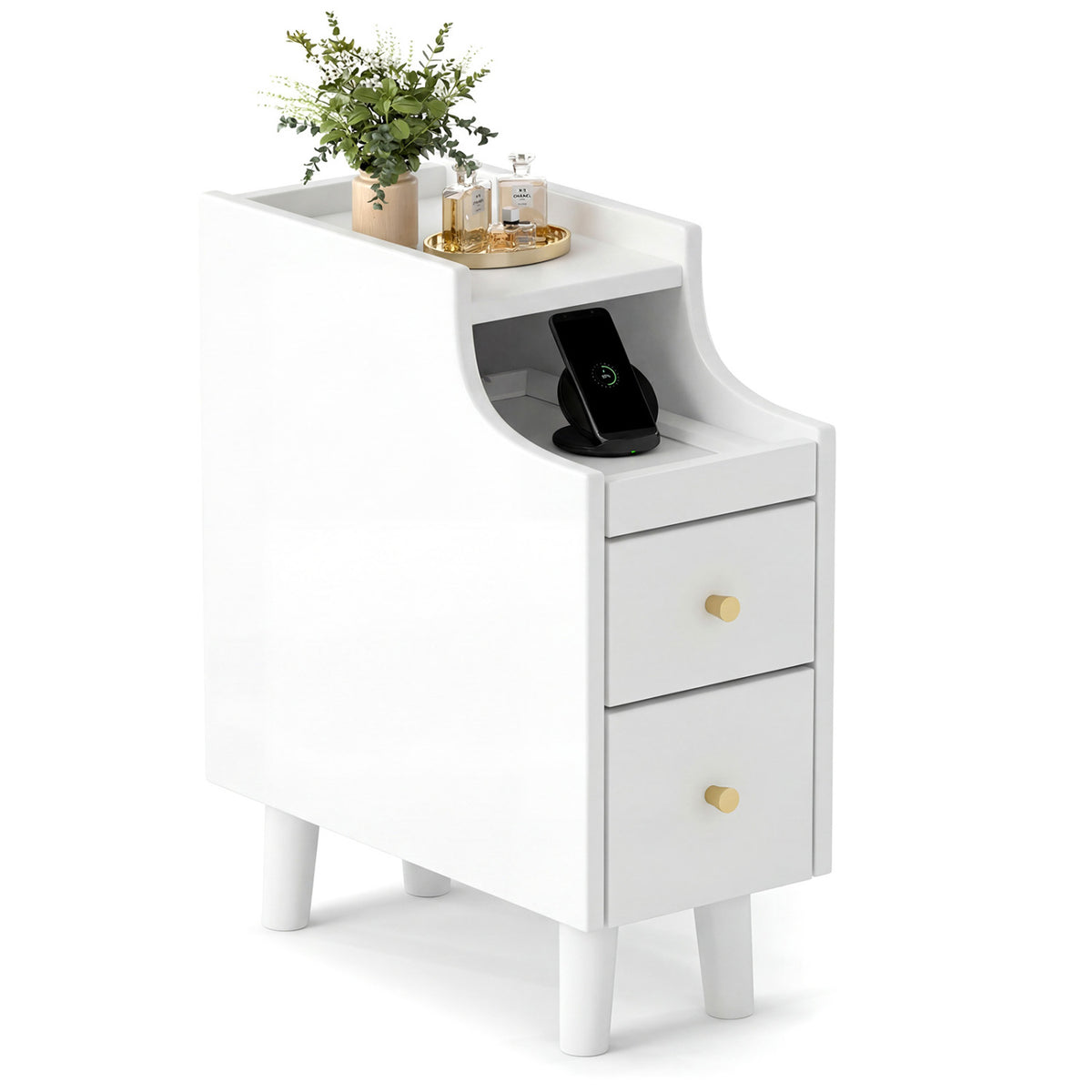 Solid Wood Narrow Nightstand with Pull-Out Tray & 2 Drawers, White Nightstands at Gallery Canada