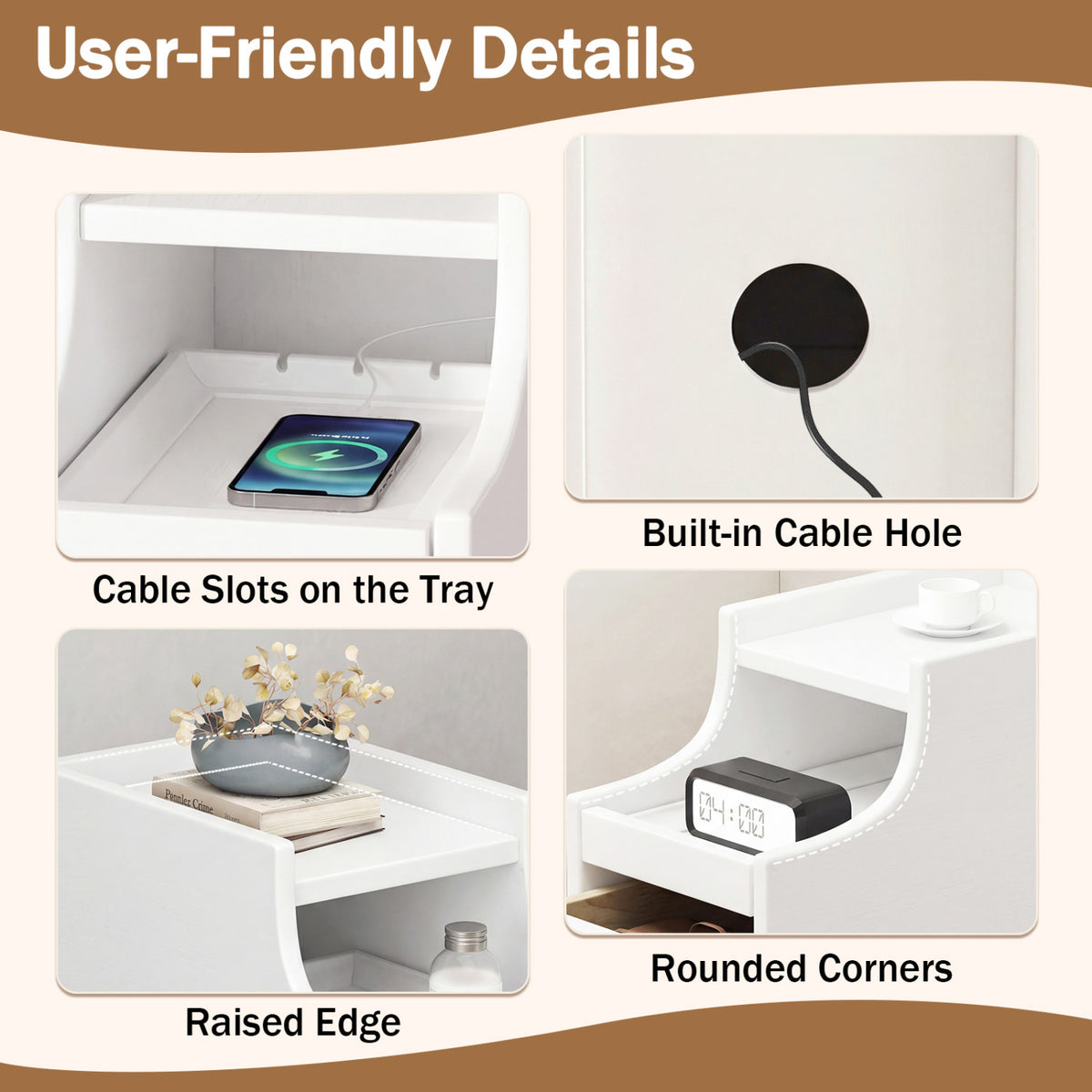 Solid Wood Narrow Nightstand with Pull-Out Tray & 2 Drawers, White Nightstands at Gallery Canada