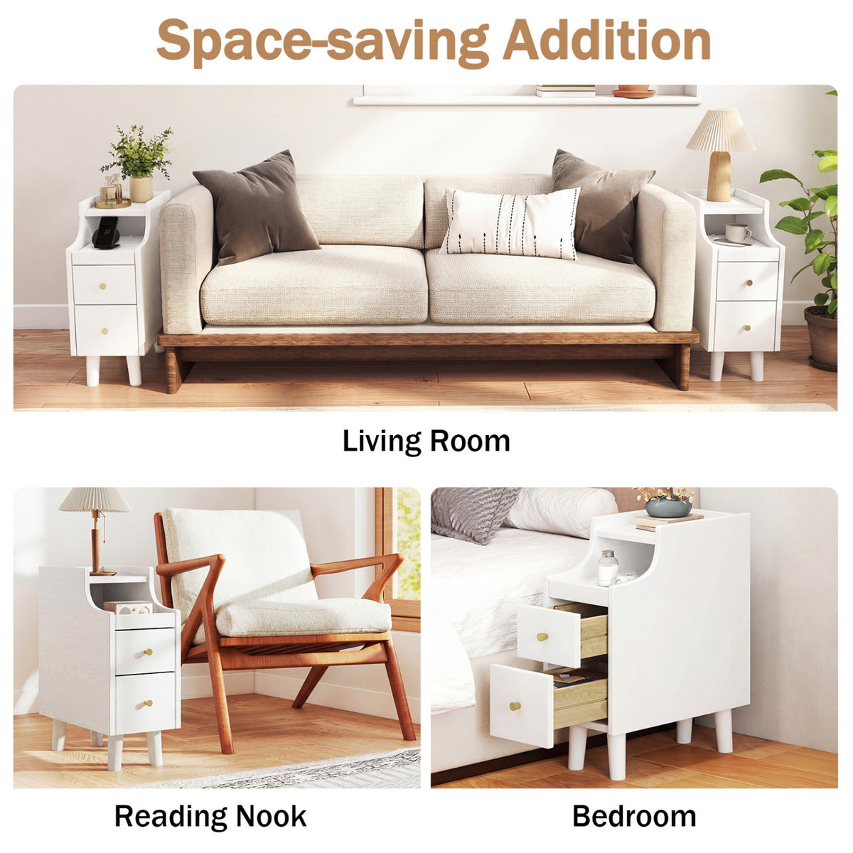 Solid Wood Narrow Nightstand with Pull-Out Tray & 2 Drawers, White Nightstands at Gallery Canada