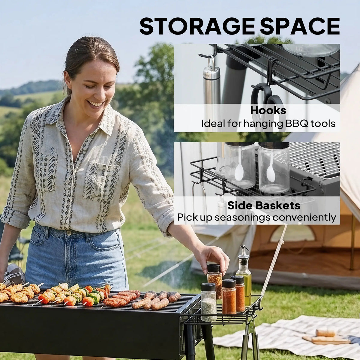 Portable Charcoal Grill With Side Baskets, Hooks, Nets, Black