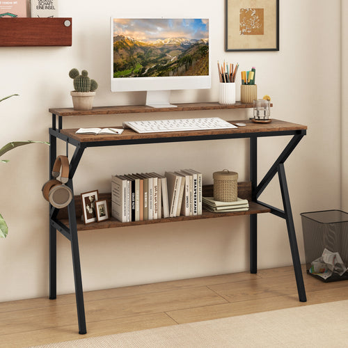 Computer Desk With Monitor Stand, Storage Shelf, Rustic Brown