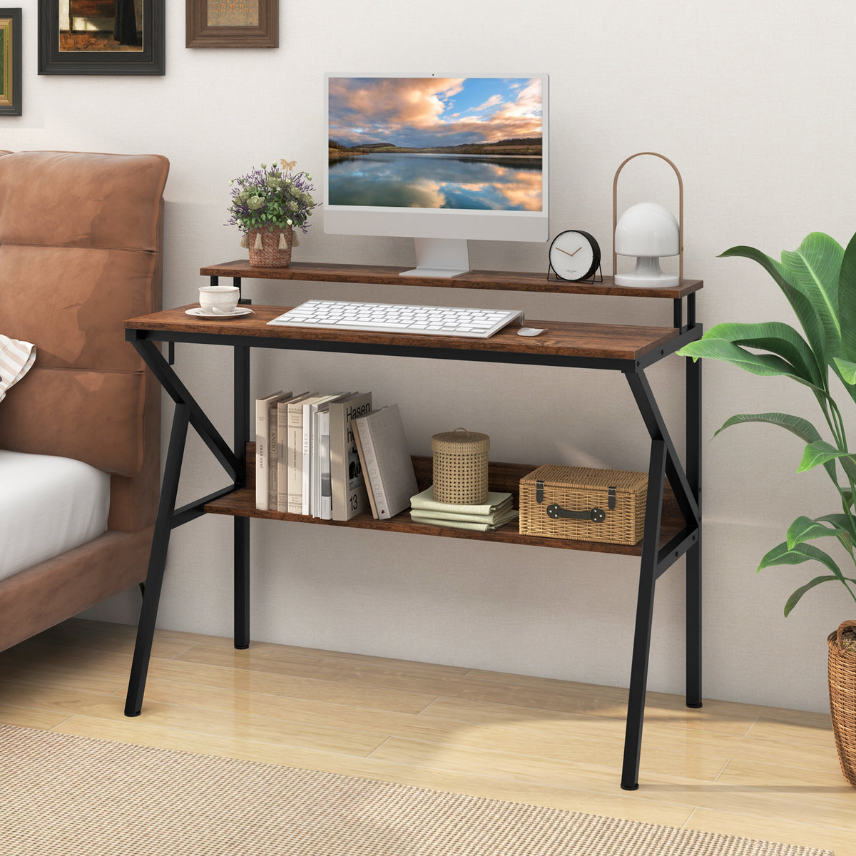 Computer Desk With Monitor Stand, Storage Shelf, Rustic Brown Computer Desks at Gallery Canada