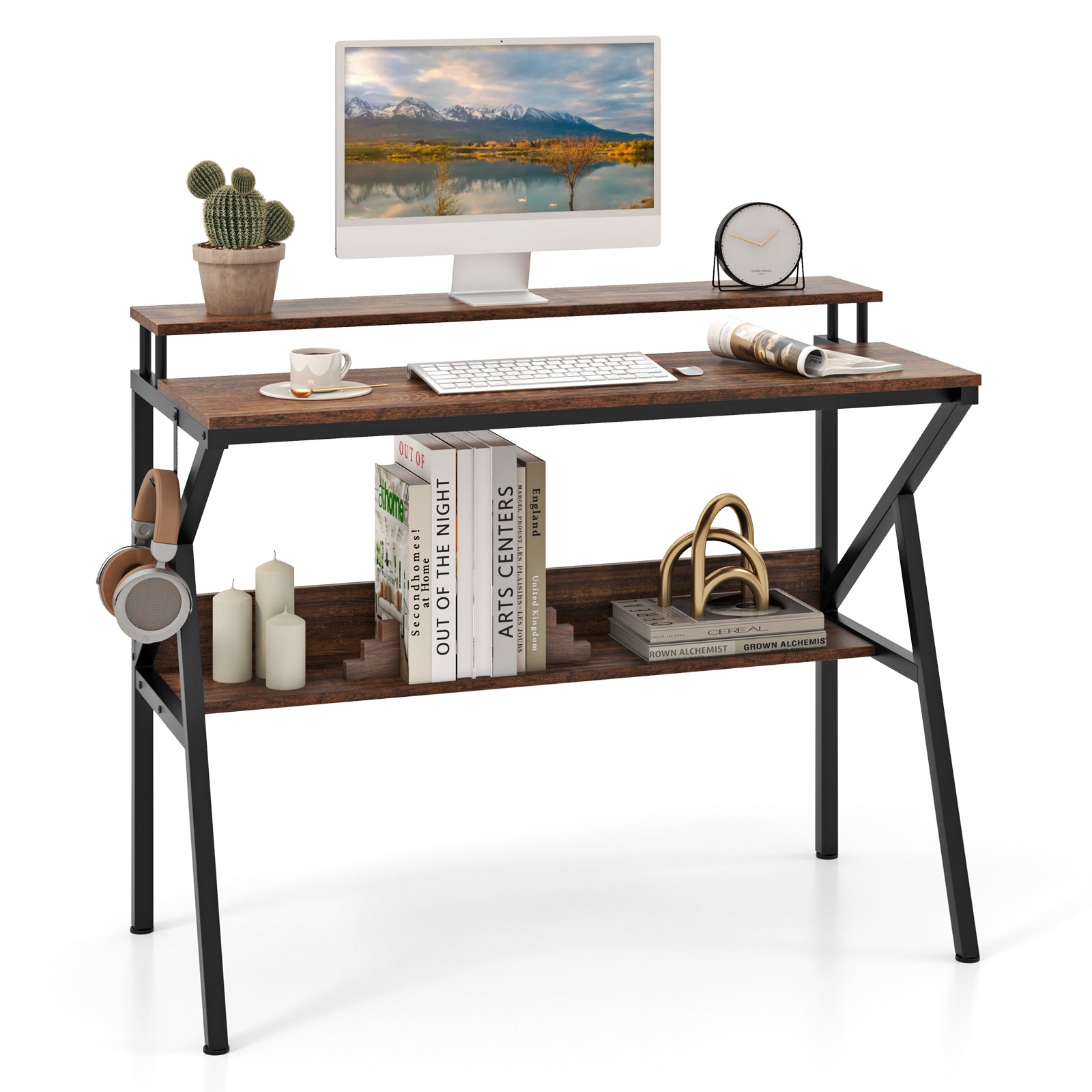 Computer Desk With Monitor Stand, Storage Shelf, Rustic Brown Computer Desks at Gallery Canada